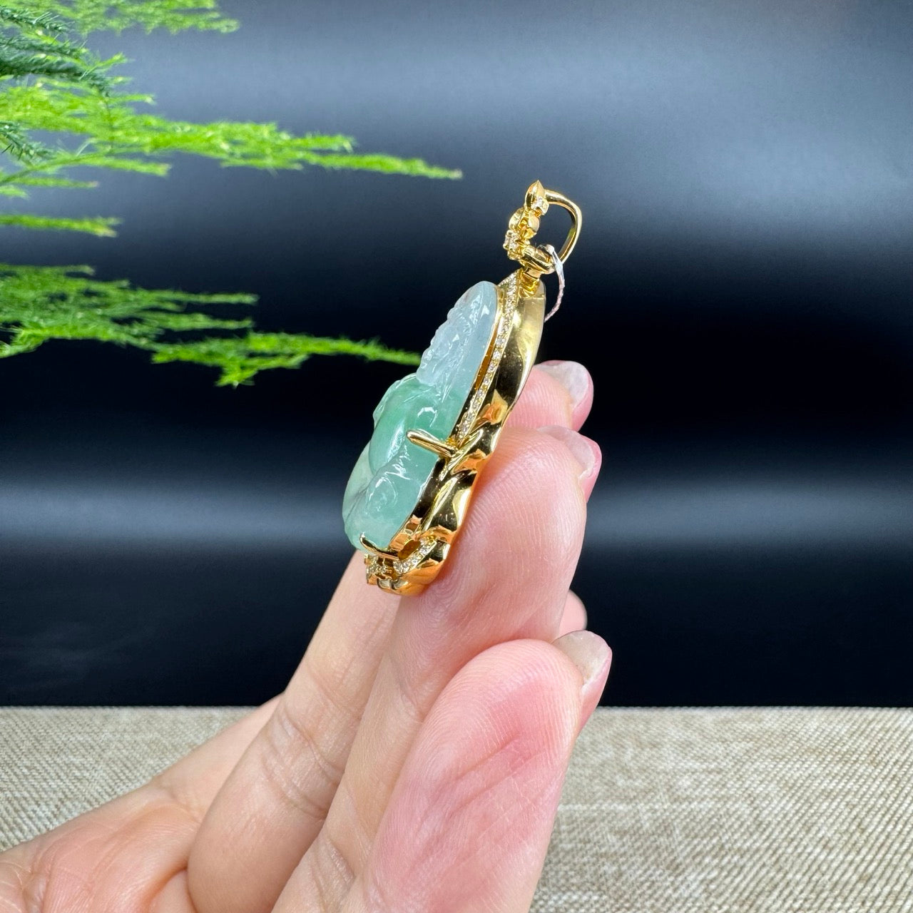 High-end 18K Yellow Gold Burmese Icy Apple Green Jadeite Jade Guanyin Pendant with Diamond