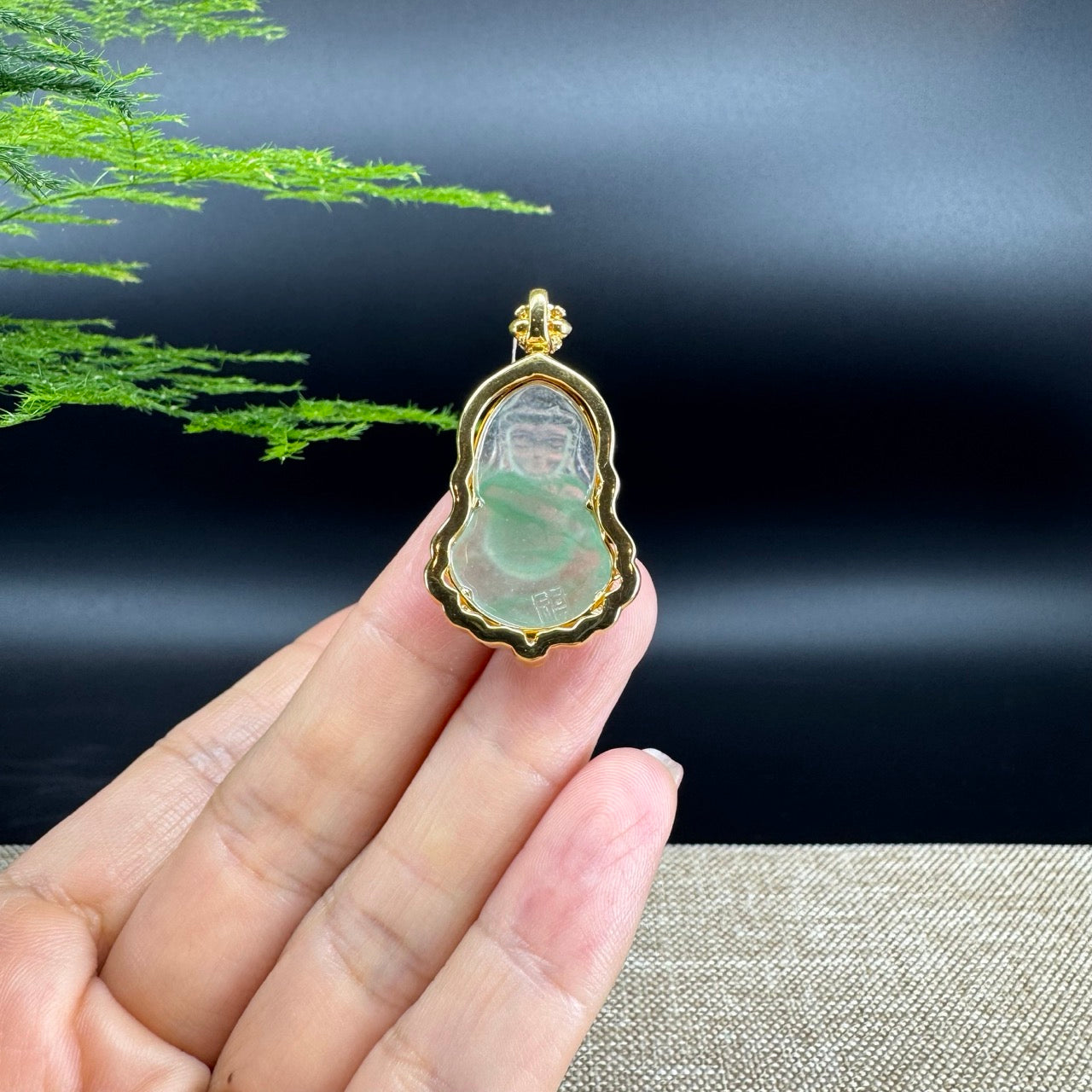 High-end 18K Yellow Gold Burmese Icy Apple Green Jadeite Jade Guanyin Pendant with Diamond