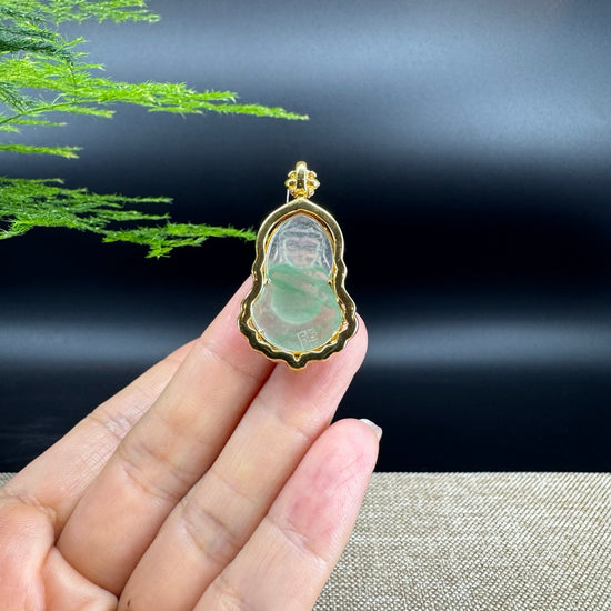 High-end 18K Yellow Gold Burmese Icy Apple Green Jadeite Jade Guanyin Pendant with Diamond