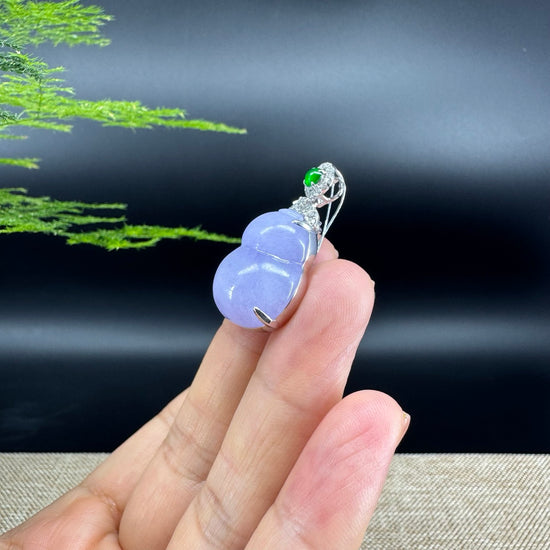RealJade® Co. Genuine Lavender Jadeite Jade Good Luck Hulu Bottle Gourd Necklace With 18K White Gold Bail
