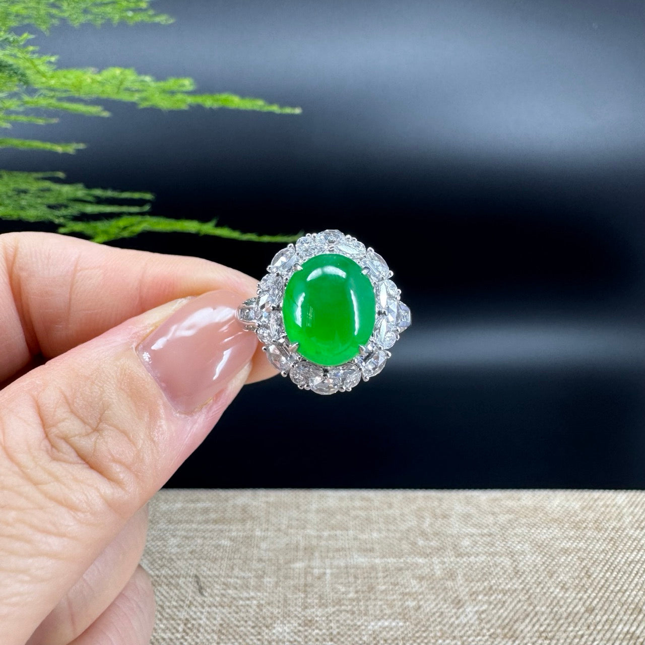 RealJade® "Amelie" 18k White Gold Natural Imperial Green Jadeite Engagement Ring With Diamonds