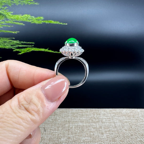 RealJade® "Amelie" 18k White Gold Natural Imperial Green Jadeite Engagement Ring With Diamonds