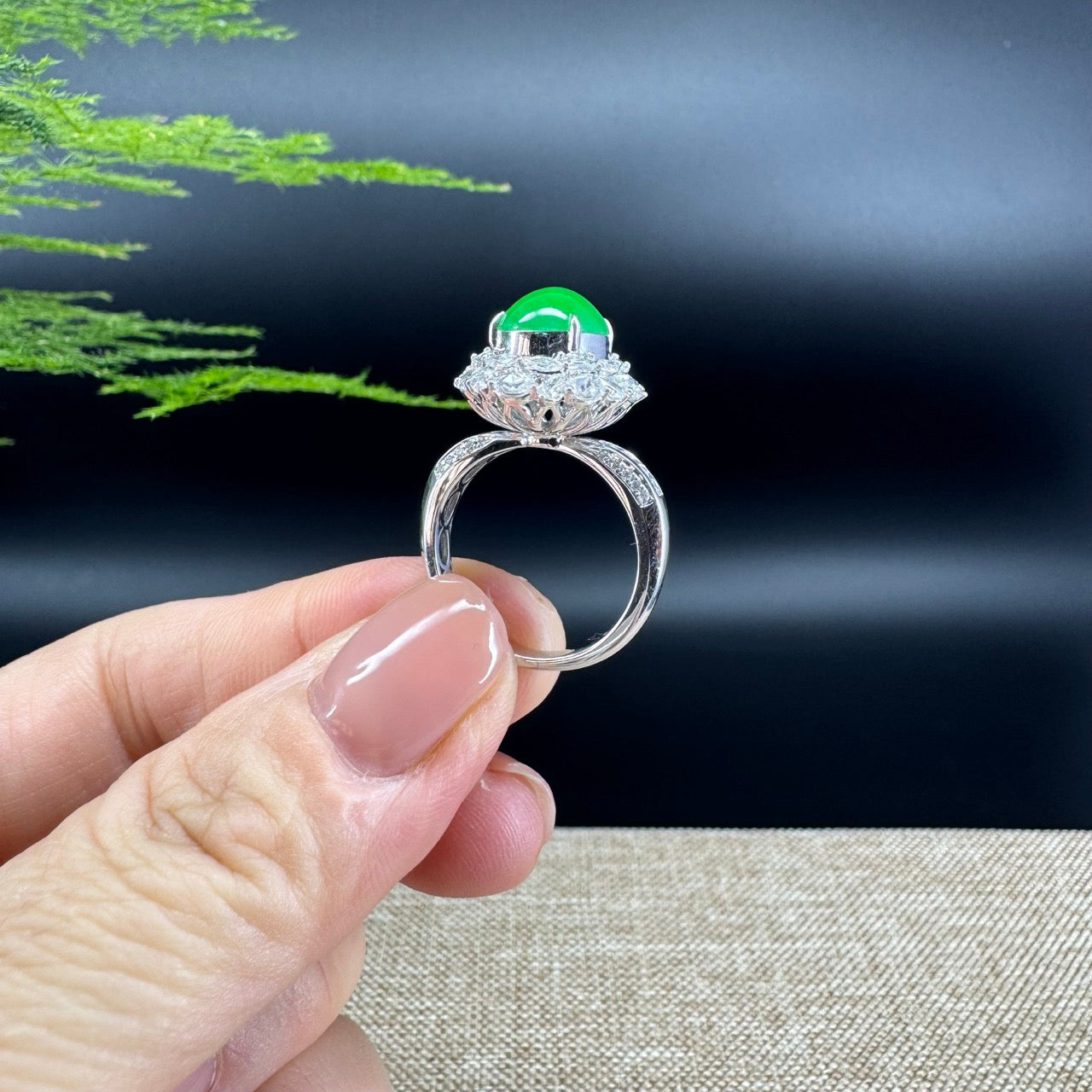 RealJade® "Amelie" 18k White Gold Natural Imperial Green Jadeite Engagement Ring With Diamonds