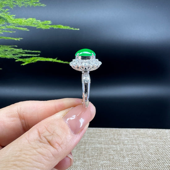 RealJade® "Amelie" 18k White Gold Natural Imperial Green Jadeite Engagement Ring With Diamonds