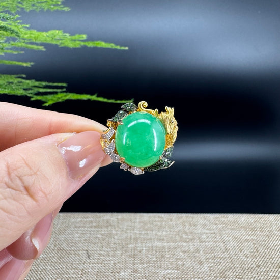 RealJade®  18K Yellow Gold  Green Jadeite Jade Diamonds Ring