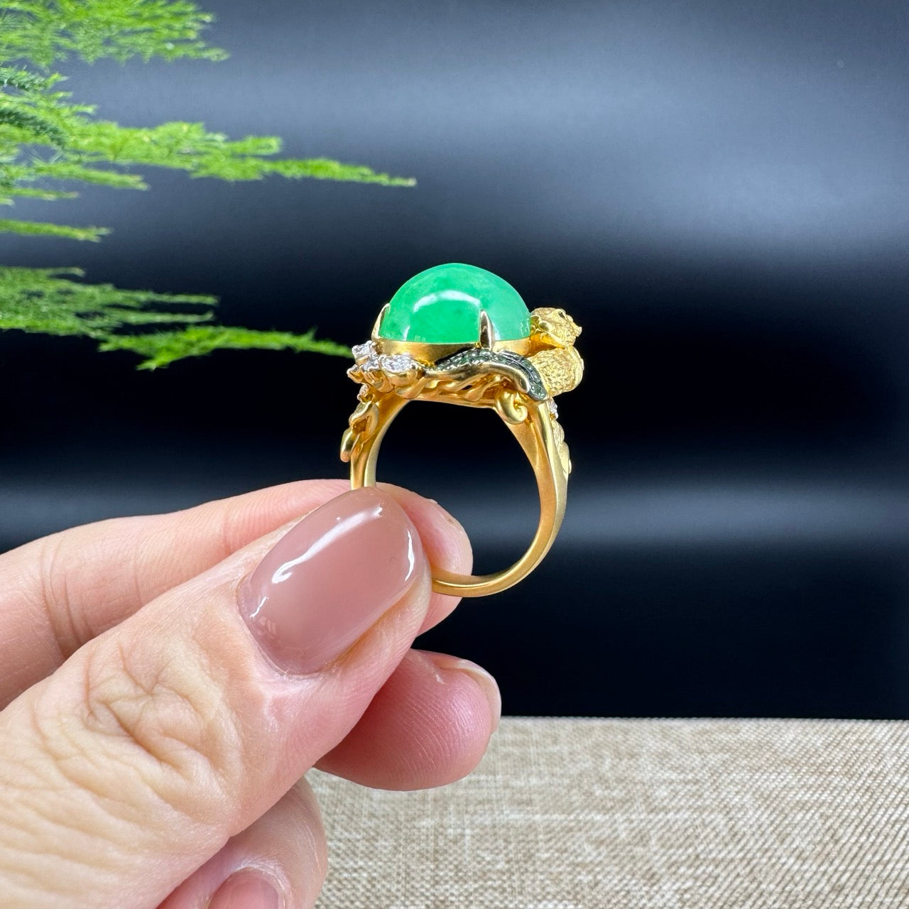 RealJade®  18K Yellow Gold  Green Jadeite Jade Diamonds Ring