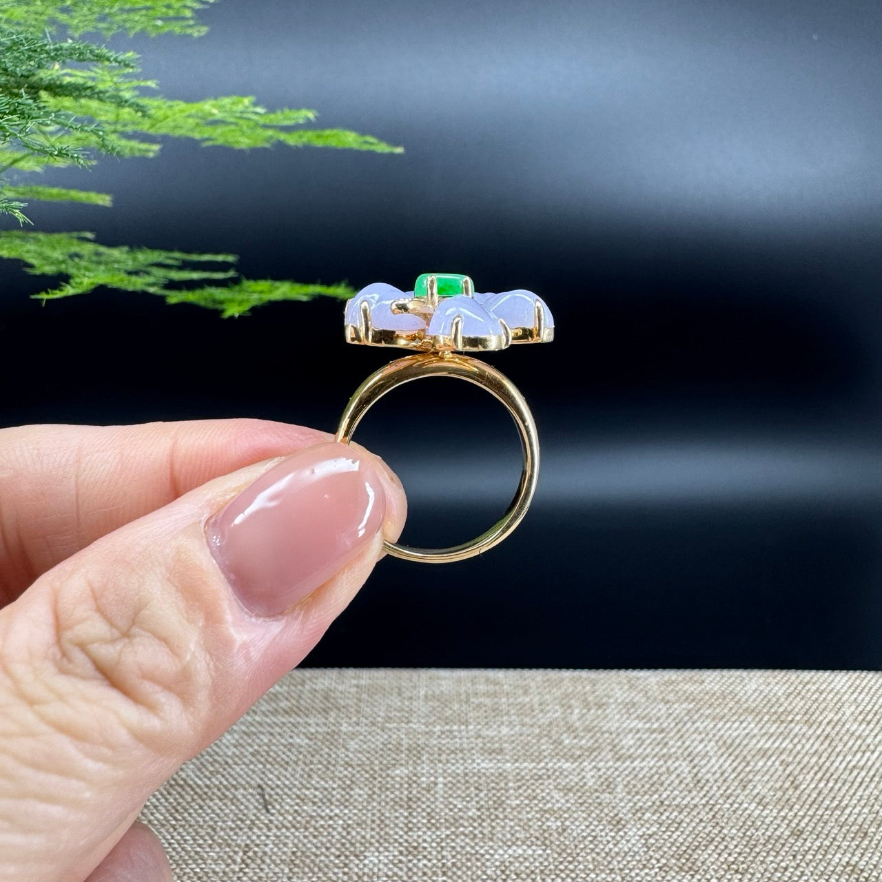 RealJade® "Signature Signet" 18K Yellow Gold Lavender Jadeite Jade Flower Ring