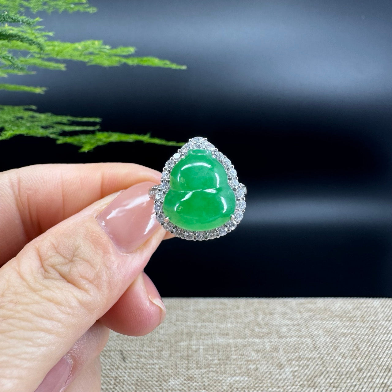 RealJade® "Amelie" 18k White Gold Natural Green Jadeite Hulu Ring With Diamonds