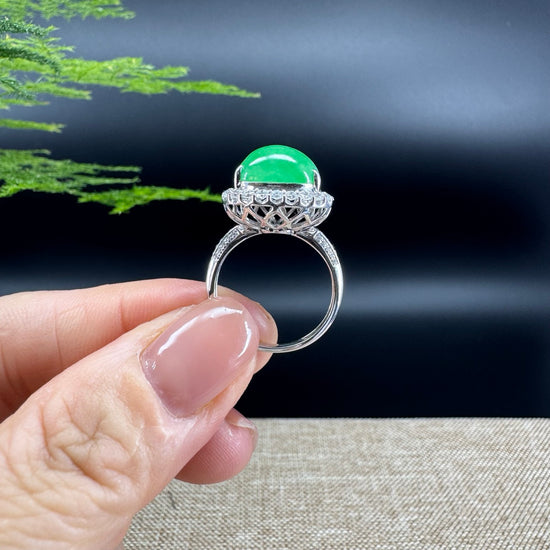 RealJade® "Amelie" 18k White Gold Natural Green Jadeite Hulu Ring With Diamonds