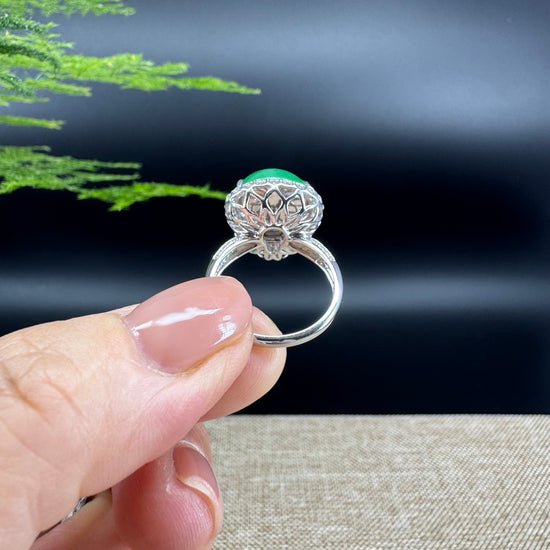 RealJade® "Amelie" 18k White Gold Natural Green Jadeite Hulu Ring With Diamonds