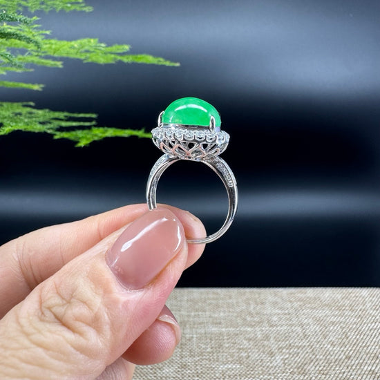 RealJade® "Amelie" 18k White Gold Natural Green Jadeite Hulu Ring With Diamonds