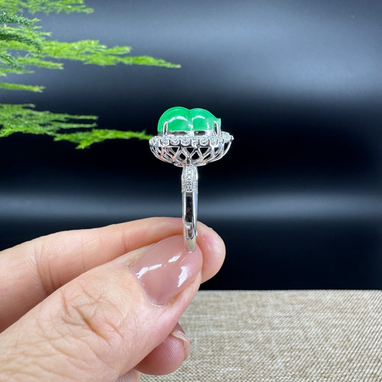 RealJade® "Amelie" 18k White Gold Natural Green Jadeite Hulu Ring With Diamonds