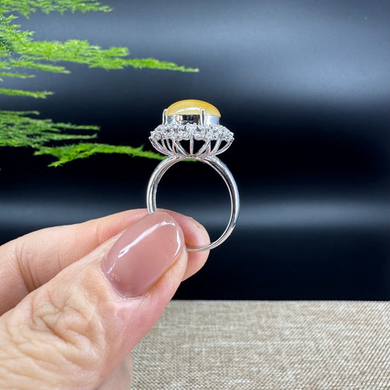 RealJade® "Signature Signet" 18K White Gold  Yellow Jadeite Jade Classic Ring