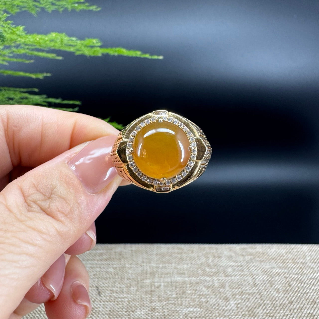 RealJade® "Signature Signet" 18K Yellow Gold Honey Yellow Jadeite Jade Classic Men's Ring