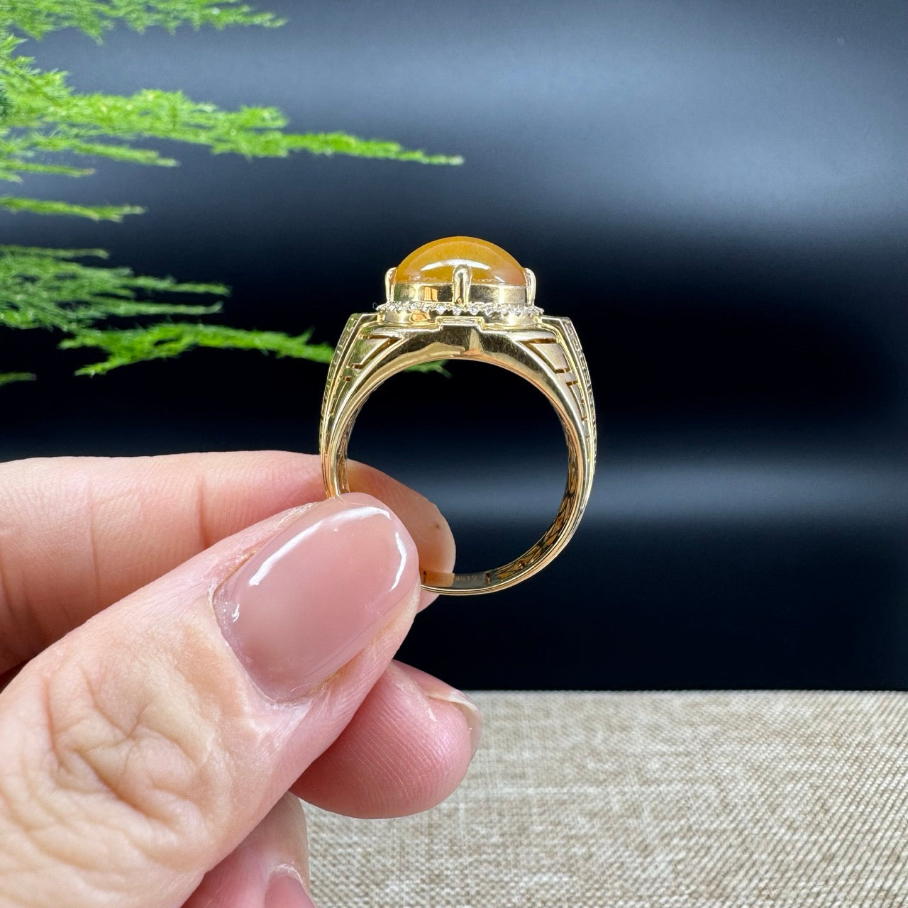 RealJade® "Signature Signet" 18K Yellow Gold Honey Yellow Jadeite Jade Classic Men's Ring