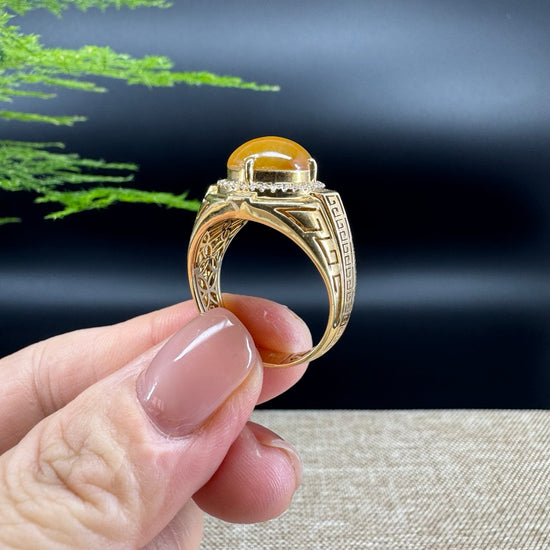 RealJade® "Signature Signet" 18K Yellow Gold Honey Yellow Jadeite Jade Classic Men's Ring