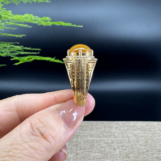 RealJade® "Signature Signet" 18K Yellow Gold Honey Yellow Jadeite Jade Classic Men's Ring