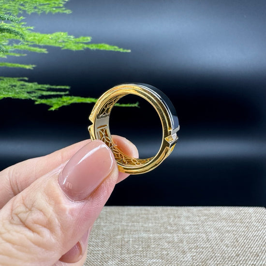 RealJade® "Classic Emerald Style" Genuine Burmese Emerald Cut Black Jadeite Jade Engagement Ring