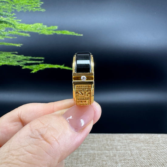 RealJade® "Classic Emerald Style" Genuine Burmese Emerald Cut Black Jadeite Jade Engagement Ring