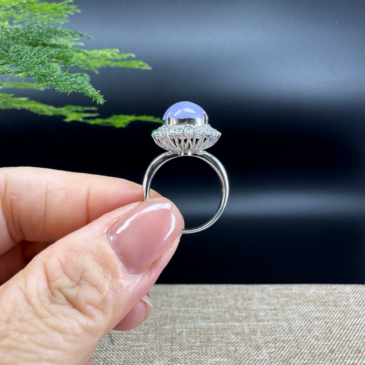 18k White Gold Natural Rich Lavender Jadeite Jade Engagement Ring With Diamonds