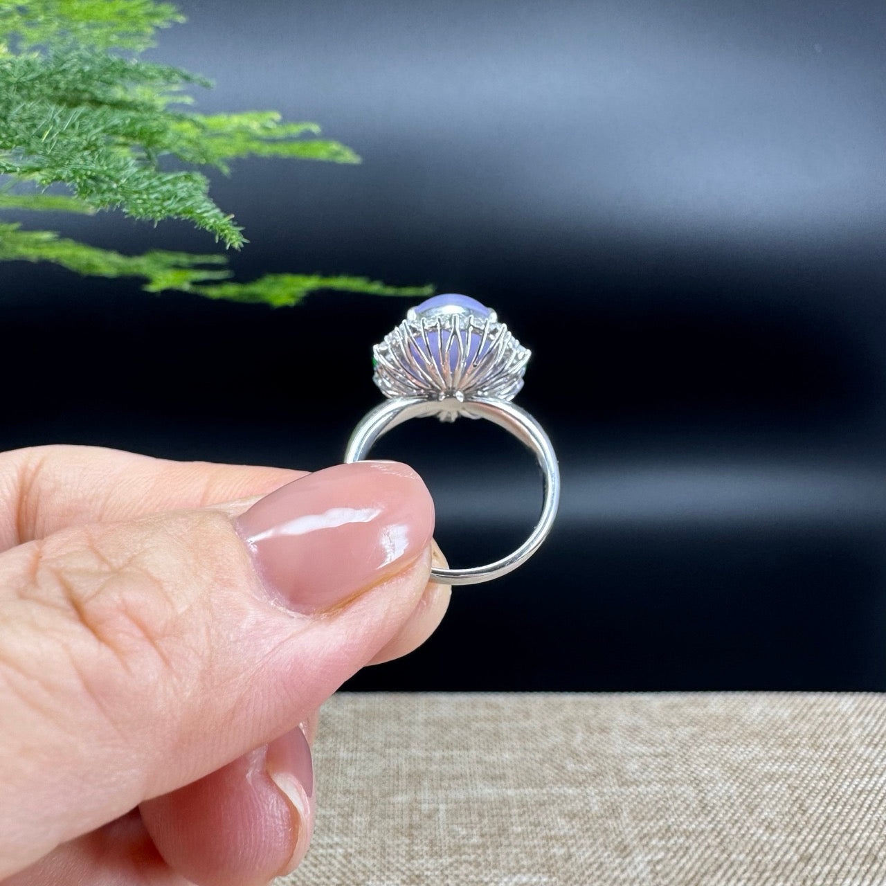 18k White Gold Natural Rich Lavender Jadeite Jade Engagement Ring With Diamonds