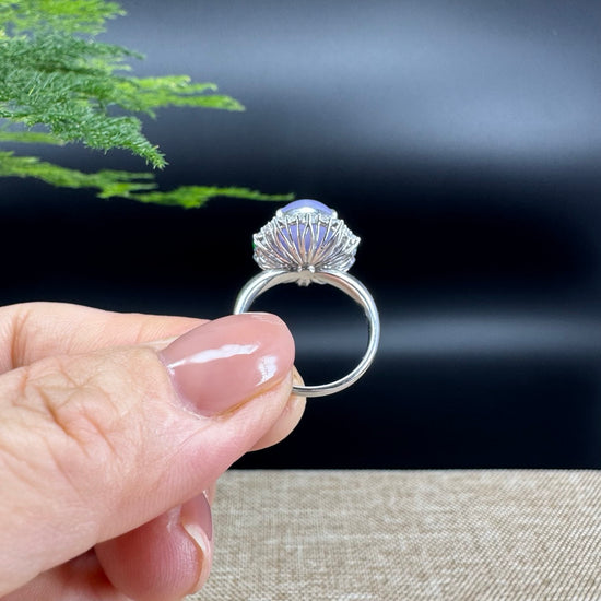 18k White Gold Natural Rich Lavender Jadeite Jade Engagement Ring With Diamonds