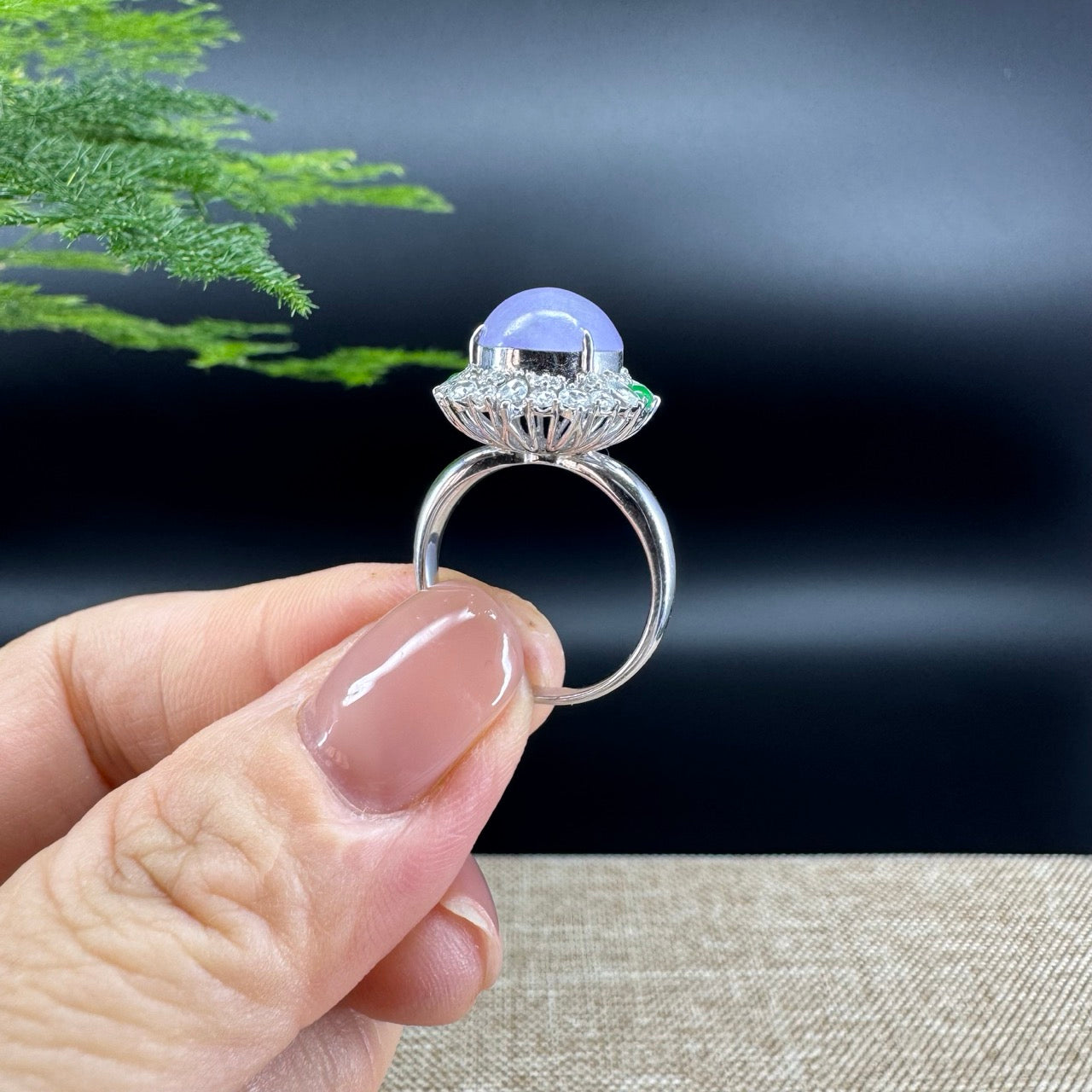 18k White Gold Natural Rich Lavender Jadeite Jade Engagement Ring With Diamonds