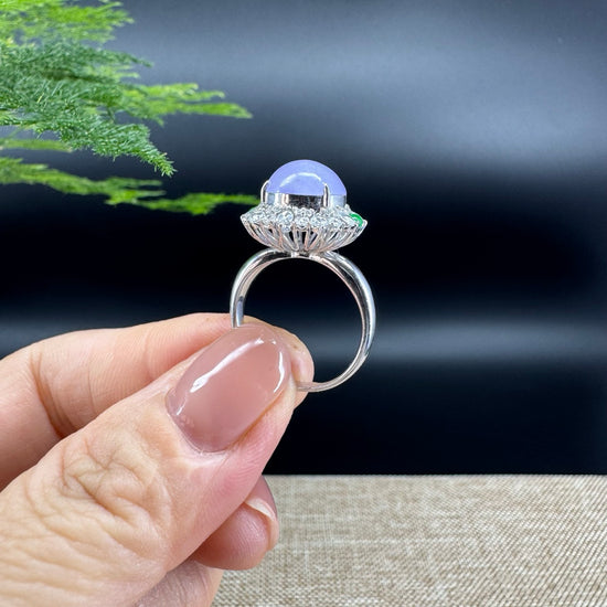 18k White Gold Natural Rich Lavender Jadeite Jade Engagement Ring With Diamonds