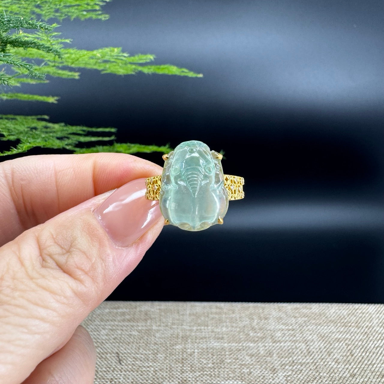 RealJade® "Signature Signet" 18K Yellow Gold Icy Green Jadeite Jade PiXiu Ring