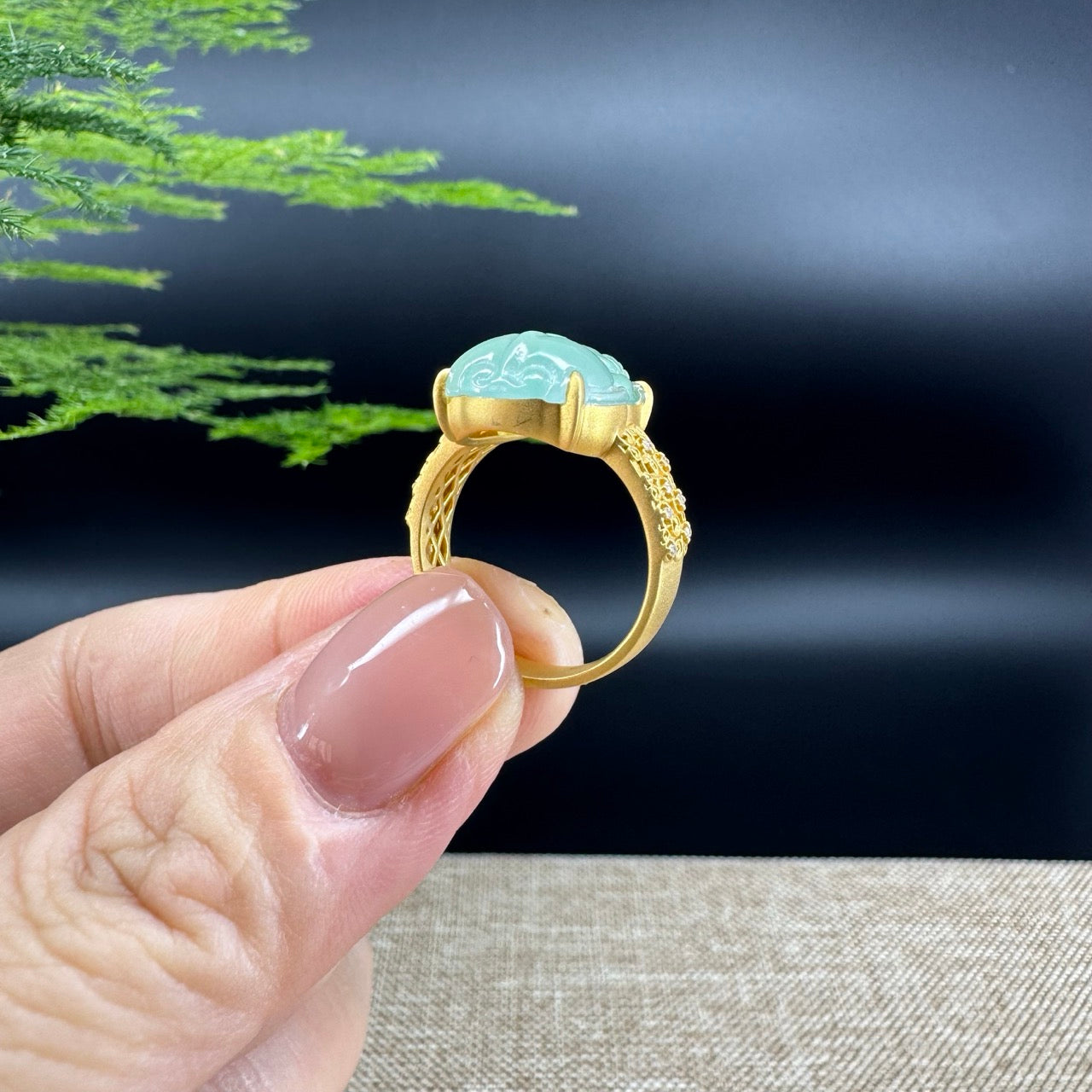 RealJade® "Signature Signet" 18K Yellow Gold Icy Green Jadeite Jade PiXiu Ring