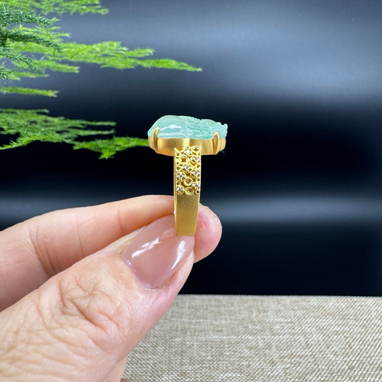 RealJade® "Signature Signet" 18K Yellow Gold Icy Green Jadeite Jade PiXiu Ring