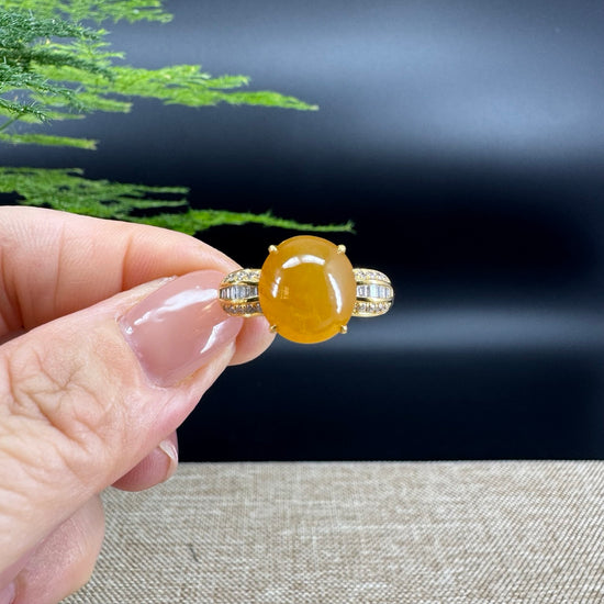 RealJade® "Signature Signet" 18K Yellow Gold Honey Yellow Jadeite Jade Diamonds Classic Ring