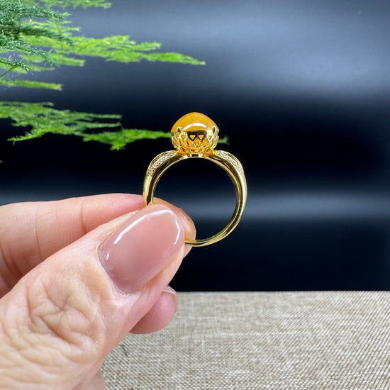 RealJade® "Signature Signet" 18K Yellow Gold Honey Yellow Jadeite Jade Diamonds Classic Ring