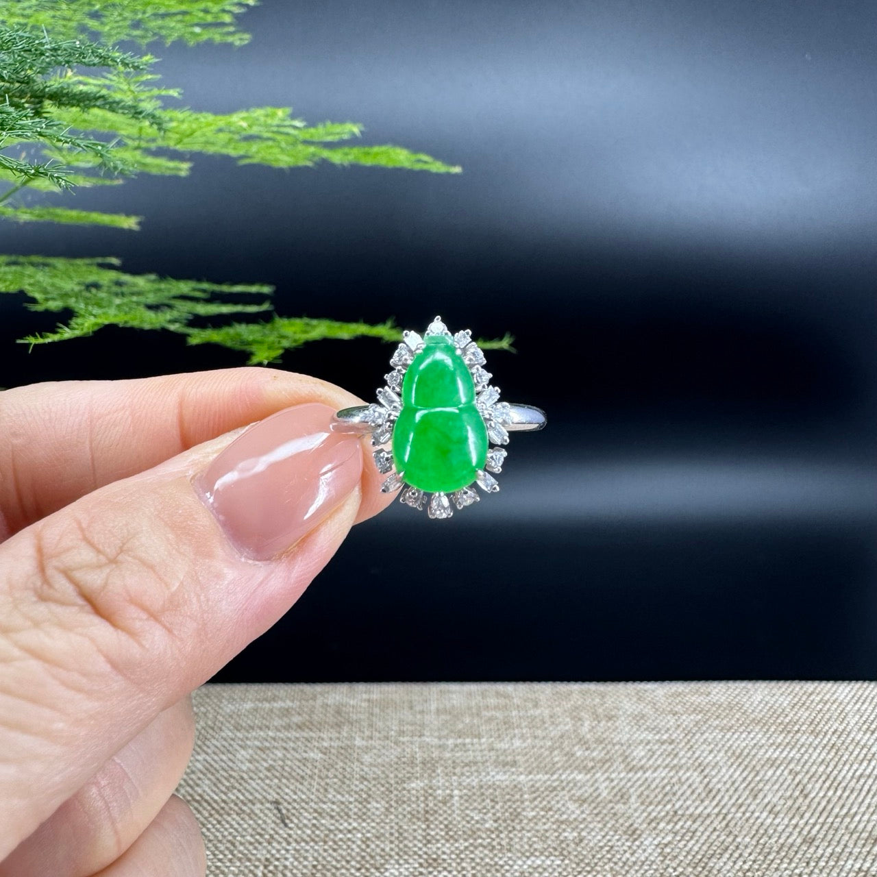 RealJade® "Amelie" 18k White Gold Natural Icy Green Jadeite Hulu Ring With Diamonds