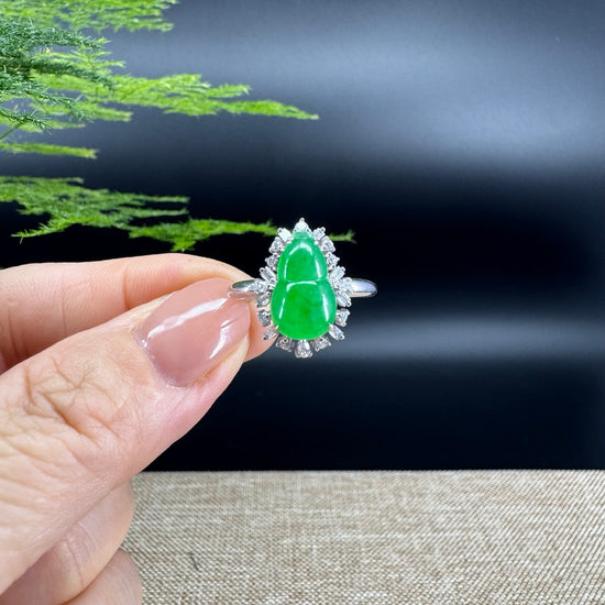 RealJade® "Amelie" 18k White Gold Natural Icy Green Jadeite Hulu Ring With Diamonds
