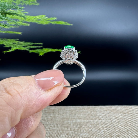 RealJade® "Amelie" 18k White Gold Natural Icy Green Jadeite Hulu Ring With Diamonds
