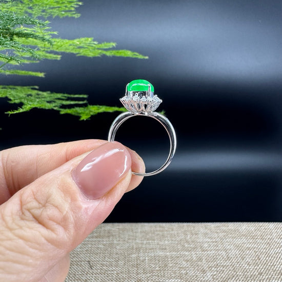 RealJade® "Amelie" 18k White Gold Natural Icy Green Jadeite Hulu Ring With Diamonds