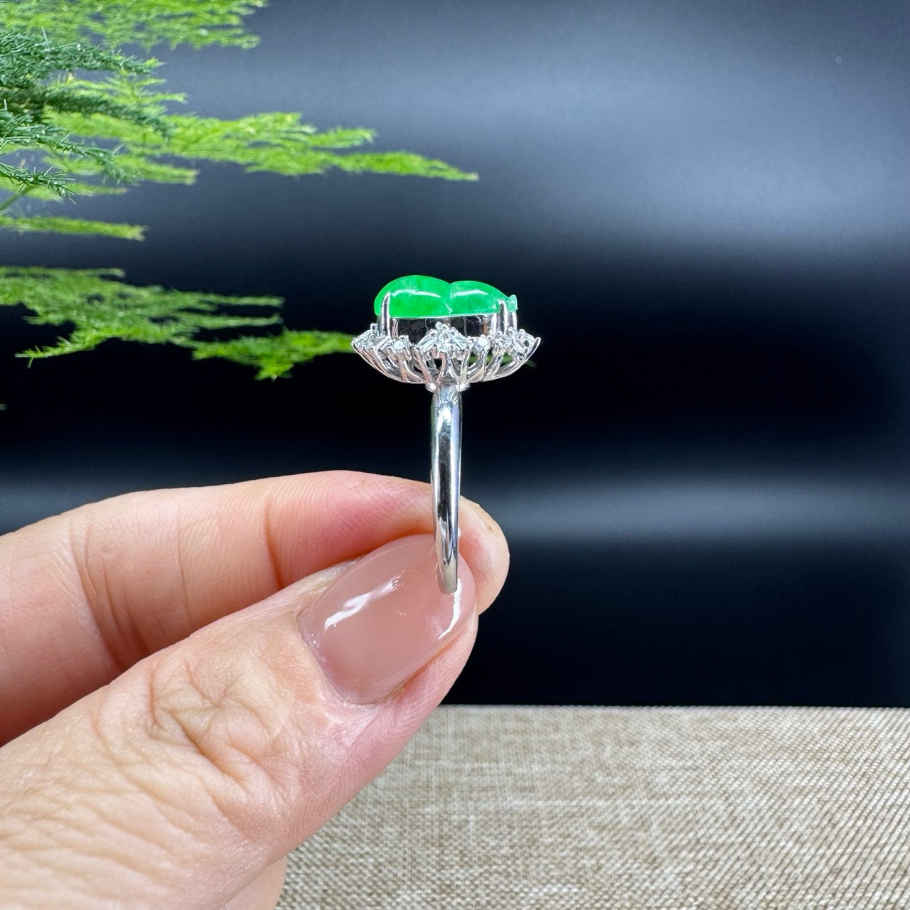 RealJade® "Amelie" 18k White Gold Natural Icy Green Jadeite Hulu Ring With Diamonds