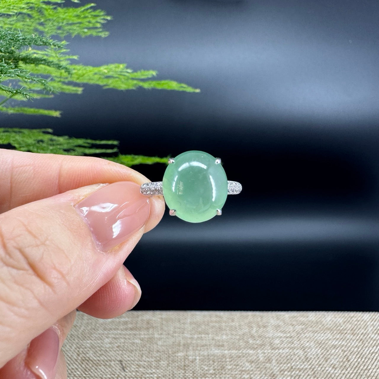 RealJade® Co. 18k White Gold Natural Icy Green Oval Jadeite Jade Engagement Ring With Diamonds