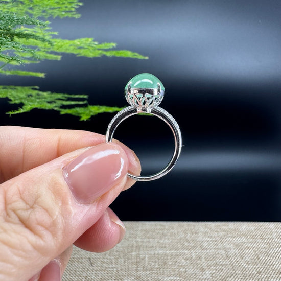 RealJade® Co. 18k White Gold Natural Icy Green Oval Jadeite Jade Engagement Ring With Diamonds