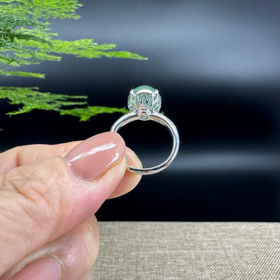 RealJade® Co. 18k White Gold Natural Icy Green Oval Jadeite Jade Engagement Ring With Diamonds