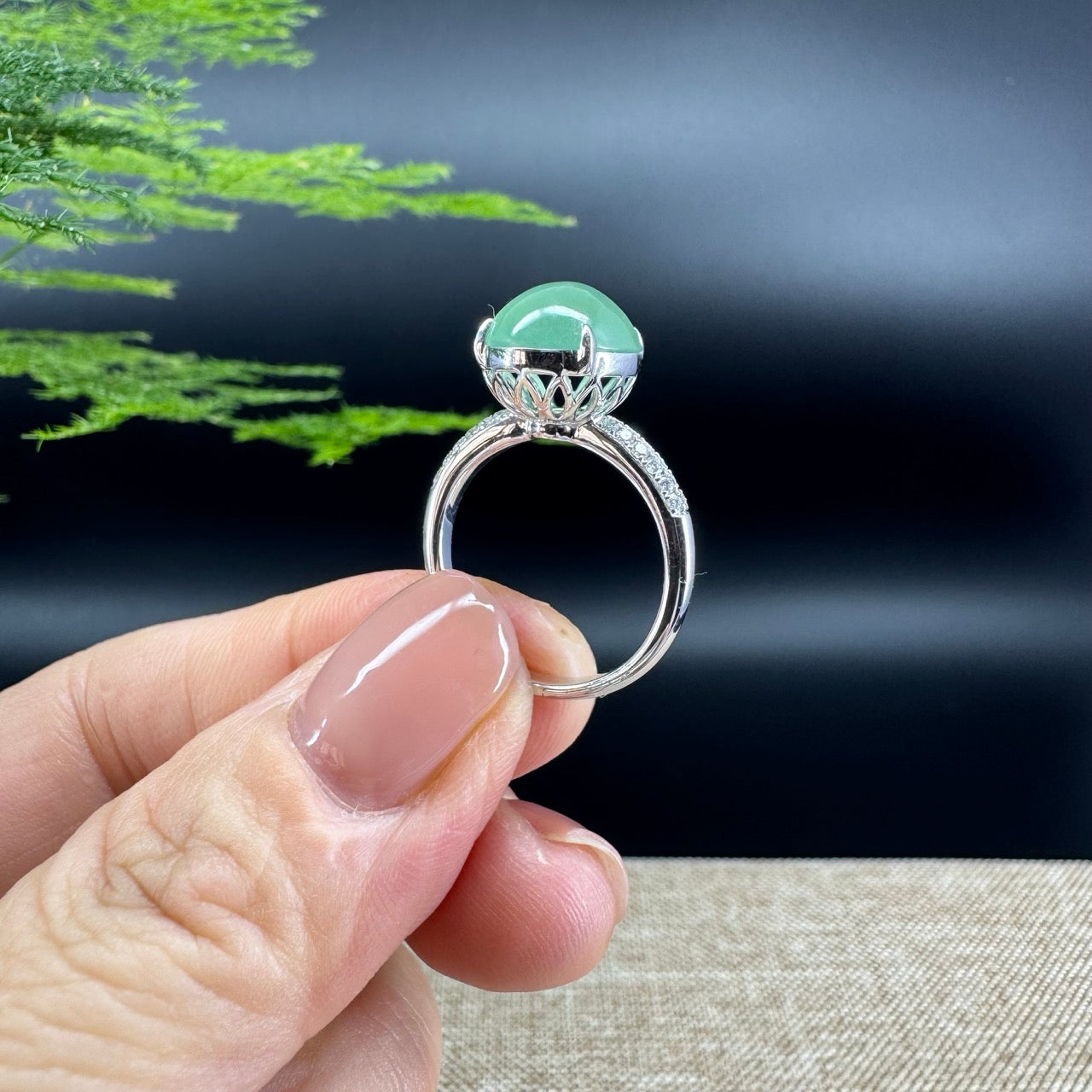 RealJade® Co. 18k White Gold Natural Icy Green Oval Jadeite Jade Engagement Ring With Diamonds