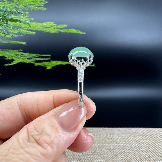 RealJade® Co. 18k White Gold Natural Icy Green Oval Jadeite Jade Engagement Ring With Diamonds