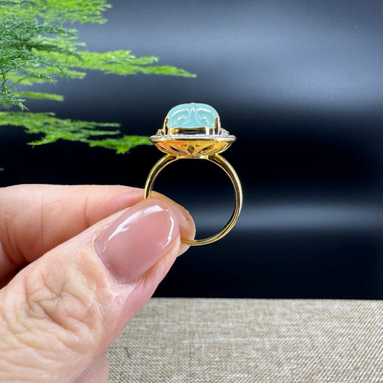 RealJade® "Signature Signet" 18K Yellow Gold Icy Green Jadeite Jade PiXiu Ring