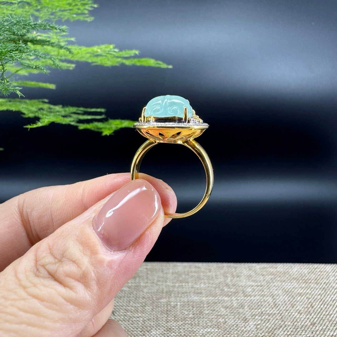 RealJade® "Signature Signet" 18K Yellow Gold Icy Green Jadeite Jade PiXiu Ring