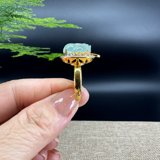 RealJade® "Signature Signet" 18K Yellow Gold Icy Green Jadeite Jade PiXiu Ring