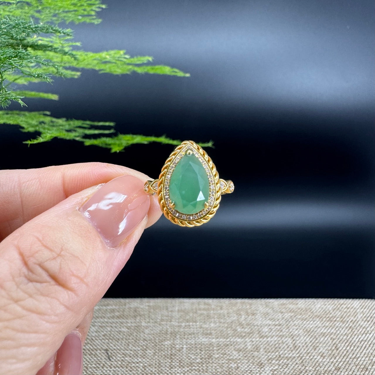 RealJade® 18k Yellow Gold Natural Imperial Green Pear Shape Jadeite Jade Engagement Ring With Diamonds