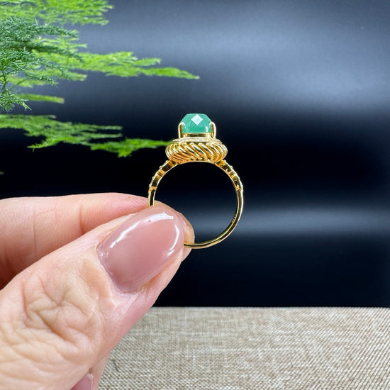 RealJade® 18k Yellow Gold Natural Imperial Green Pear Shape Jadeite Jade Engagement Ring With Diamonds