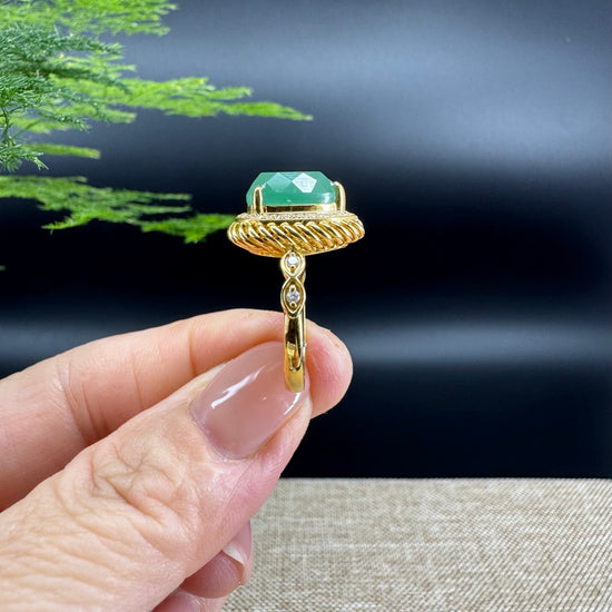 RealJade® 18k Yellow Gold Natural Imperial Green Pear Shape Jadeite Jade Engagement Ring With Diamonds