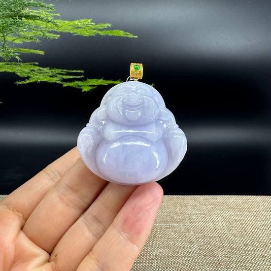 18K Yellow Gold Burmese Lavender Jadeite Jade Happy Buddha Pendant